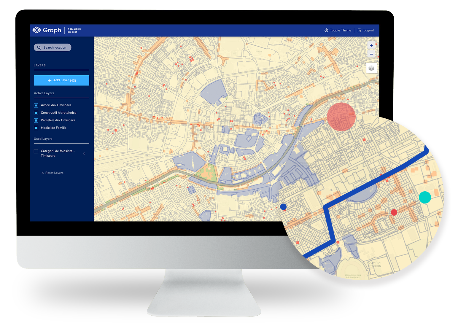 A desktop with Graph, the intuitive Gis interface and map tool